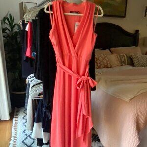 Ralph Lauren Knee Length Coral Faux Wrap Dress